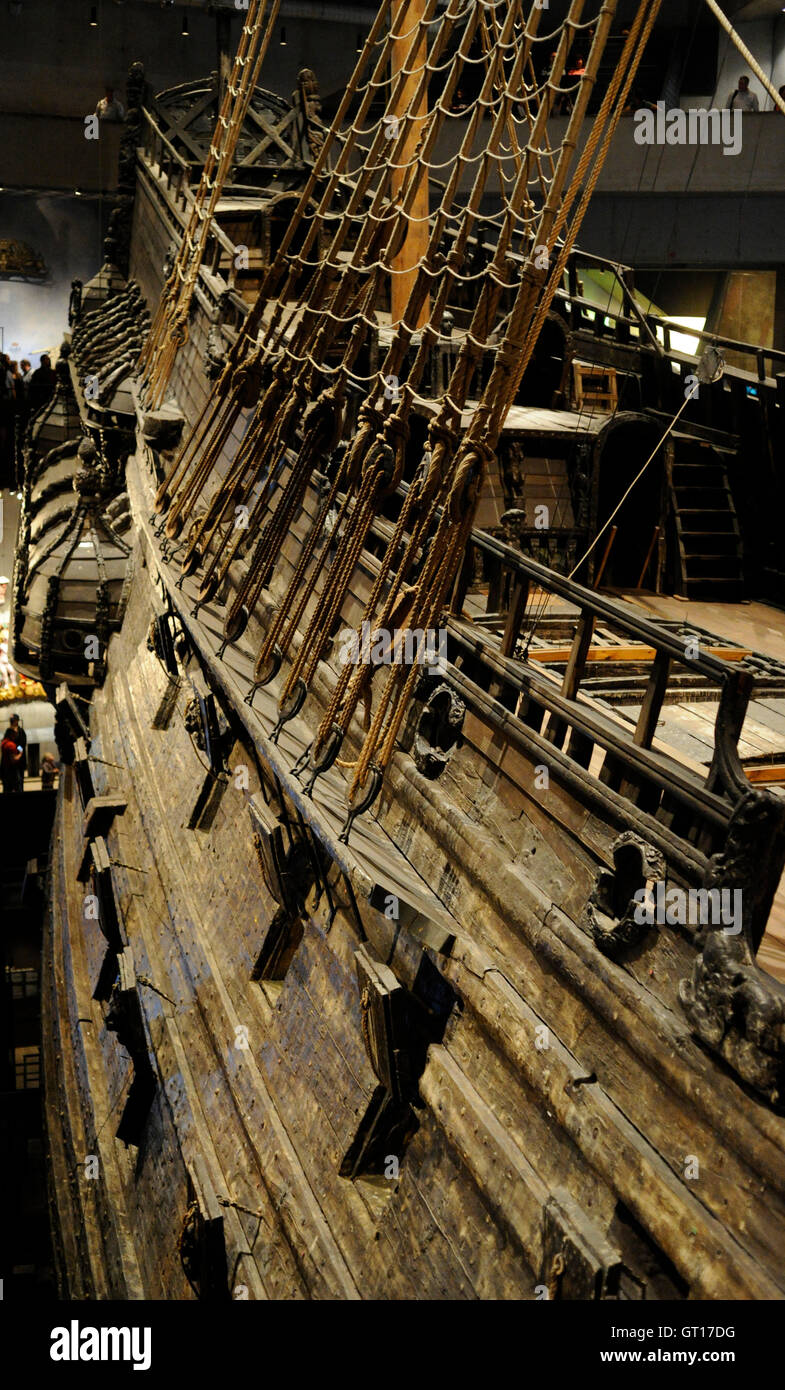 Warship Vasa. Built at 1626-1628 on the orders of the King of Sweden Gustavus Adolphus. Deadeyes, chainplate and shrouds. Gunport. Vasa Museum. Stockholm. Sweden. Stock Photo