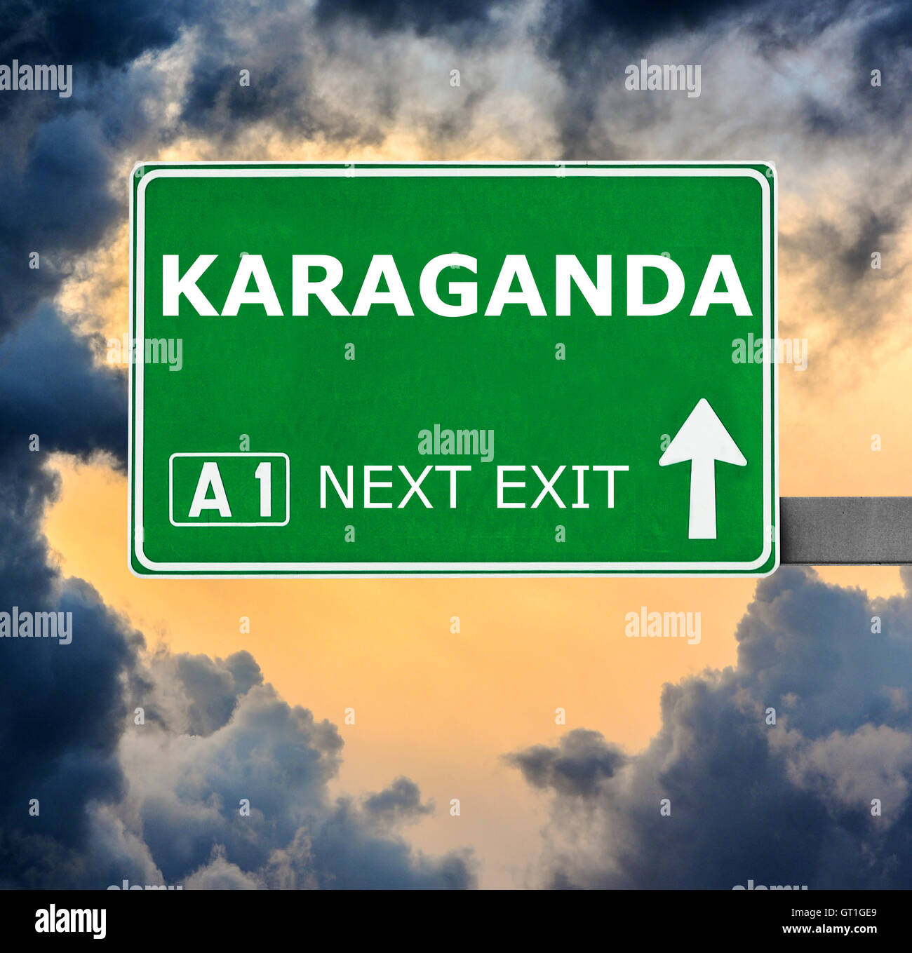 KARAGANDA road sign against clear blue sky Stock Photo