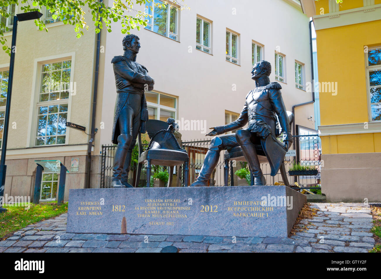 Crown prince of Sweden and Czer of Russian Empire meet in Turku in 1812, memorial sculpture, Aura riverside, Turku, Finland Stock Photo