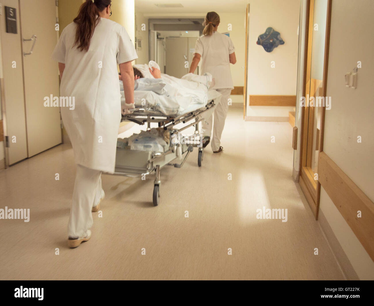 Nurse pushing patient on gurney in hospital Stock Photo Alamy