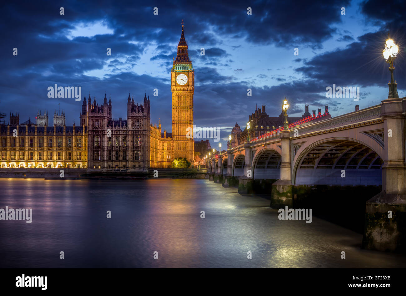 Long exposure of the Thames and Big Ben at Dusk, London, UK Stock Photo