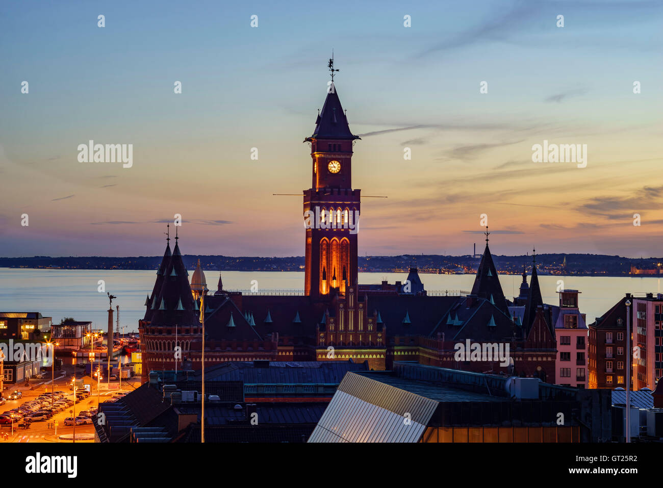 Aerial view of the beautiful city - Helsingborg, Sweden at night Stock Photo