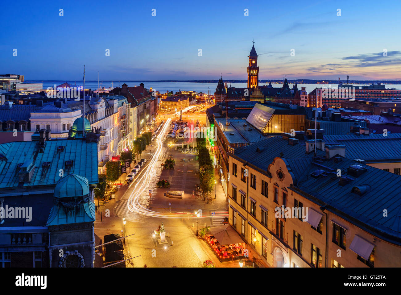 Aerial view of the beautiful city - Helsingborg, Sweden at night Stock Photo