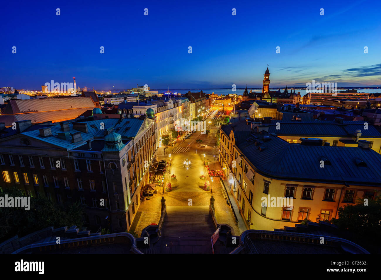 Aerial view of the beautiful city - Helsingborg, Sweden at night Stock Photo