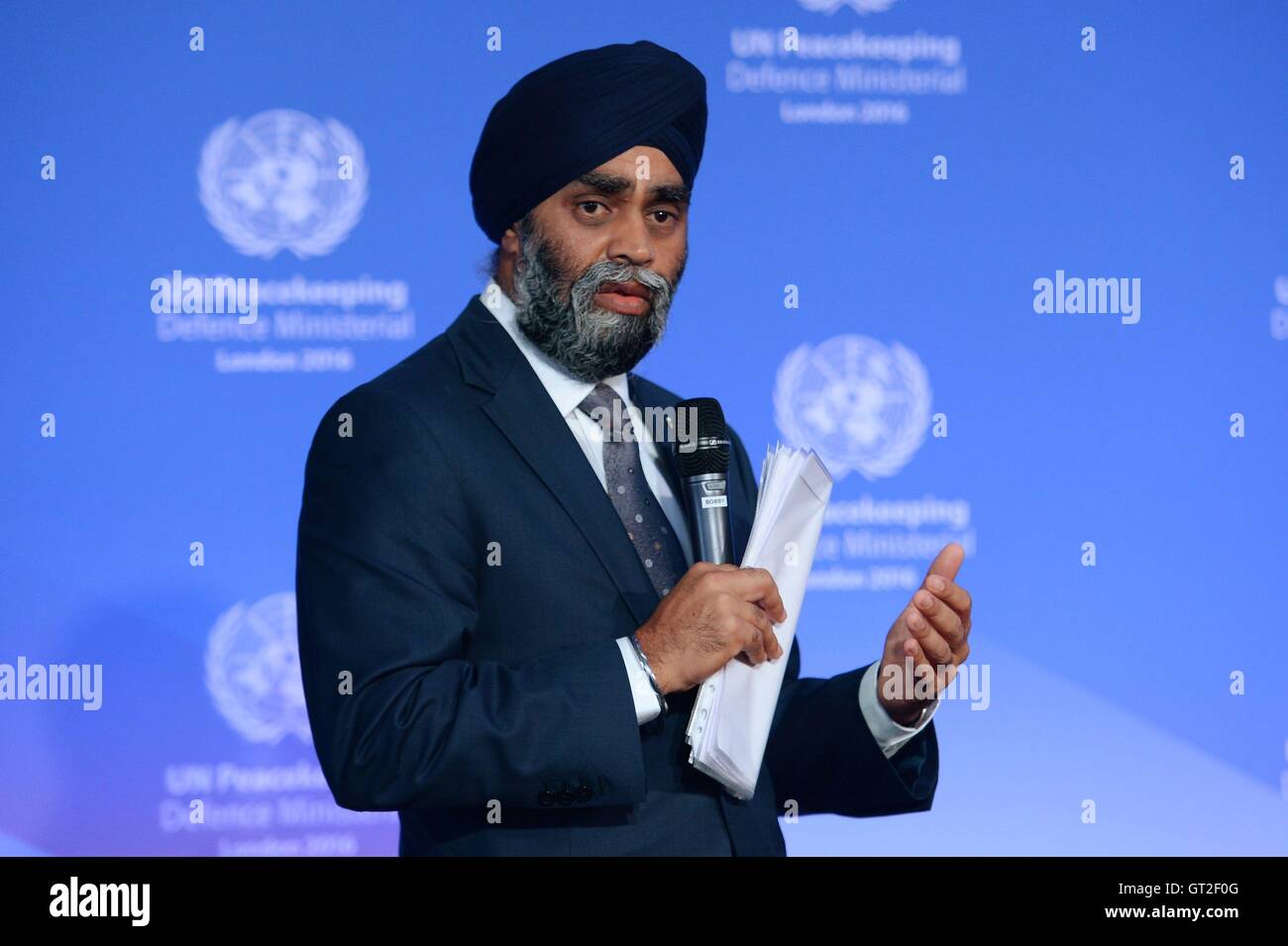 Canadian Minister for National Defence Sajjan Harjit speaks during the UN Peacekeeping Defence Ministerial at Lancaster House in London. Stock Photo