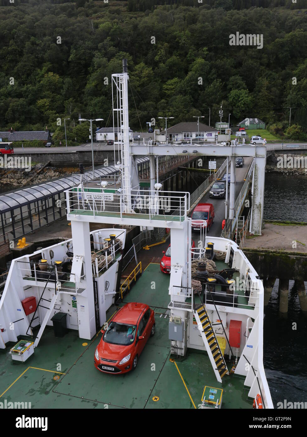 Cars driving onto Calmac ferry MV Coruisk docked Craignure Scotland