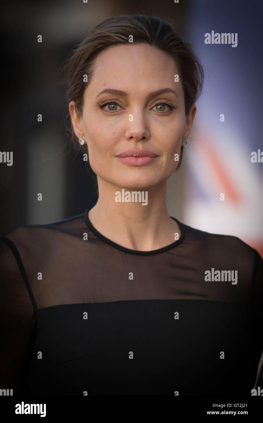 UN Special Envoy, Angelina Jolie arrives at the UN Peacekeeping Defence Ministerial in London. Stock Photo