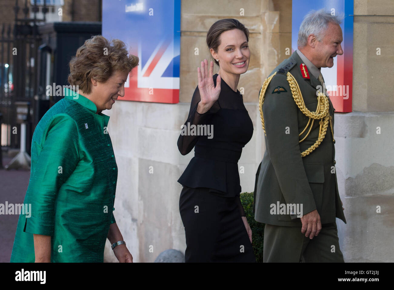 UN Special Envoy, Angelina Jolie is greeted by UK Vice Chief of the Defence Staff General Sir Gordon Messenger at the UN Peacekeeping Defence Ministerial in London. Stock Photo