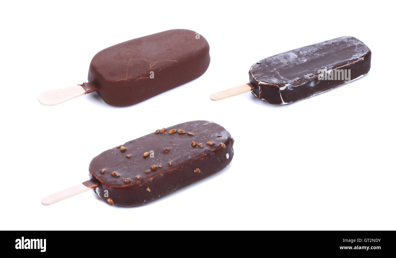 Different chocolate-coated blocks of ice cream. Stock Photo