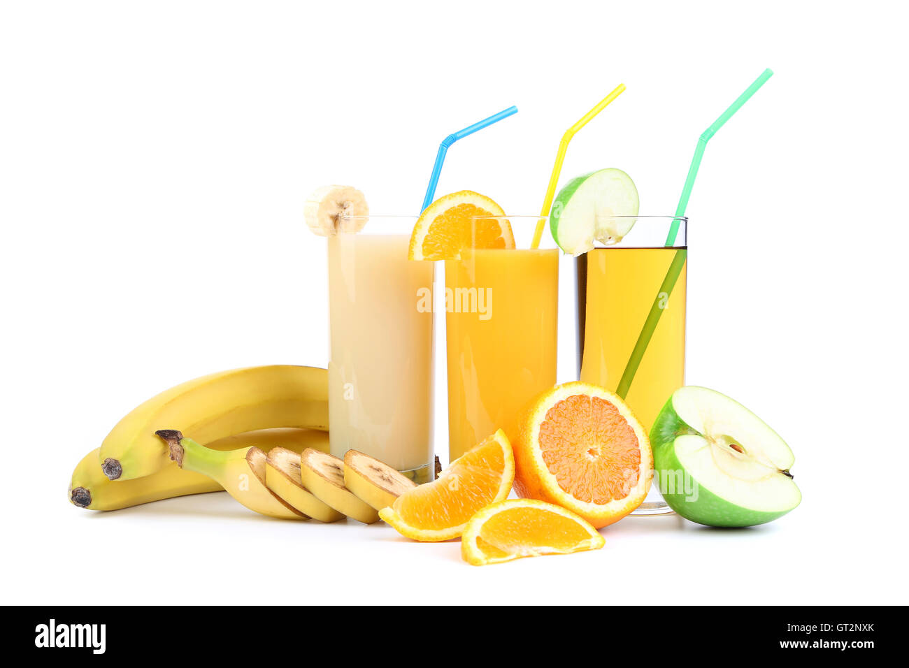 orange, apple and banana juice Stock Photo