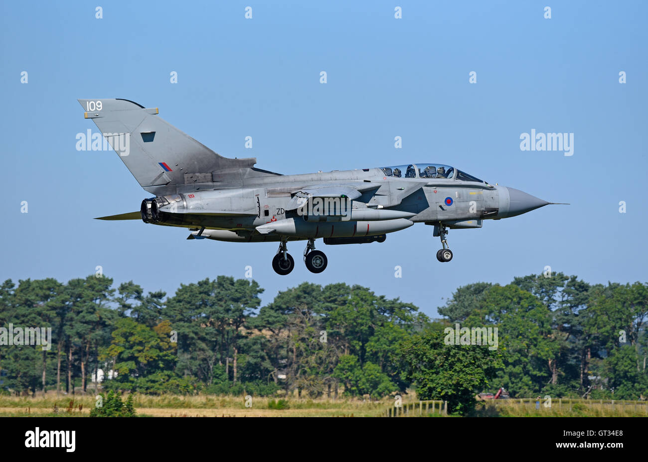 A GR4 RAF Tornado arriving at Lossiemouth Air Base on the Moray Coast Scotland. SCO ZD848 Tail Fin 109 Stock Photo