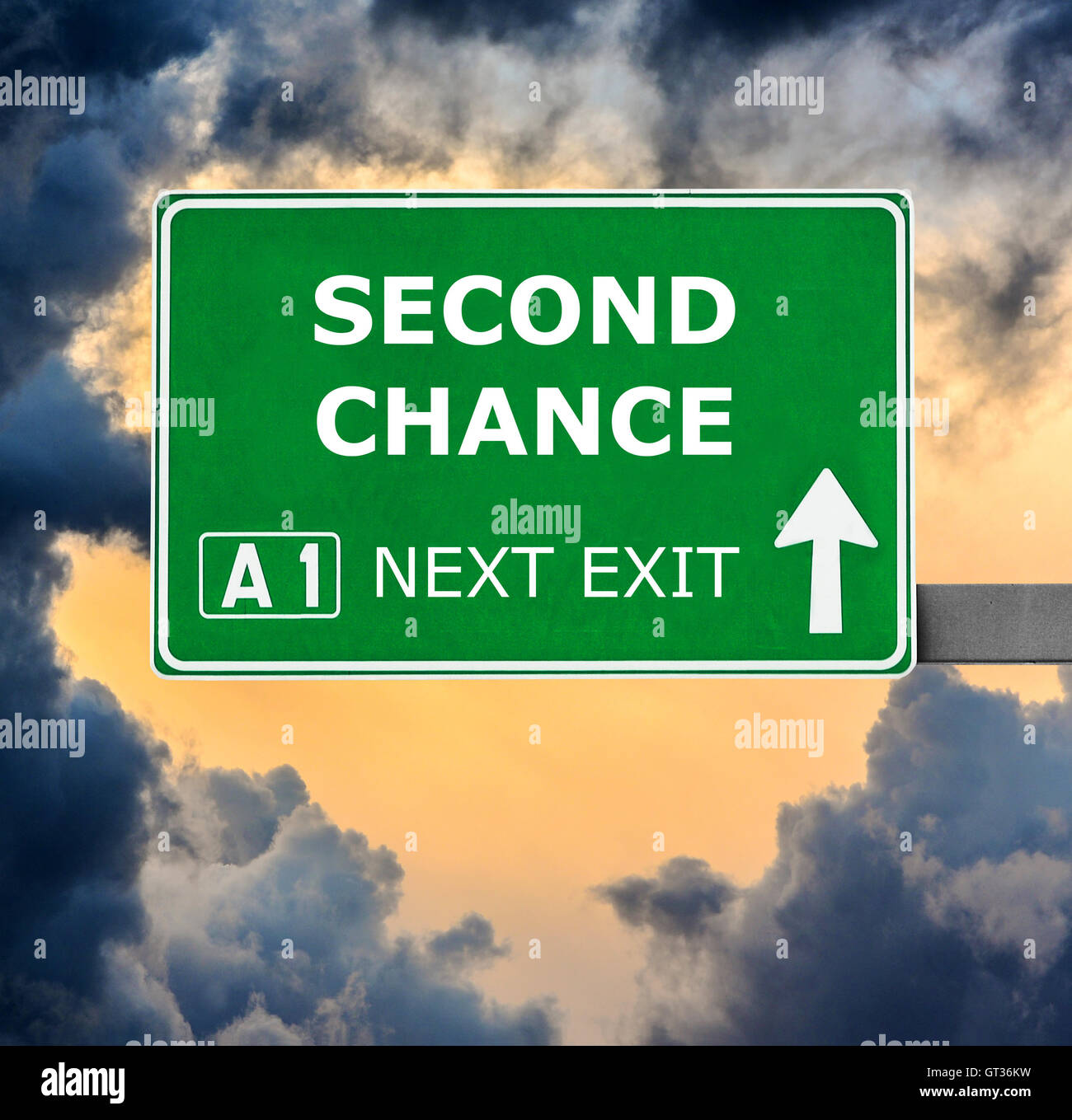 SECOND CHANCE road sign against clear blue sky Stock Photo