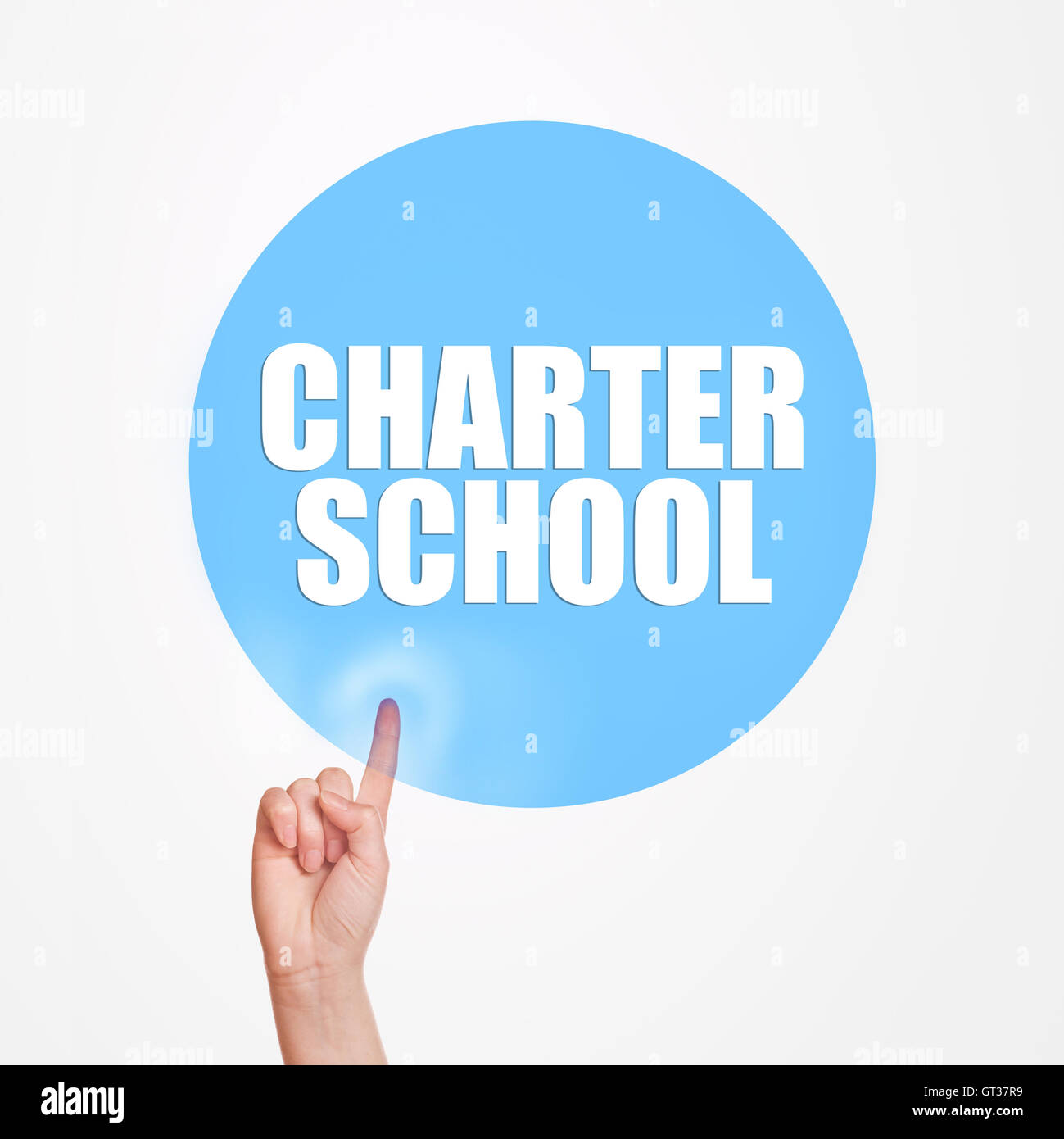 Charter school concept, hand pushing virtual button of internet page to get informed about studies. Stock Photo