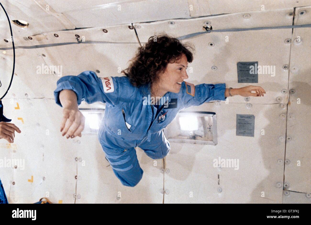Teacher in Space Christa McAuliffe during microgravity training on the KC-135 reduced-gravity zero-G aircraft January 8, 1986. McAuliffe, was selected as a teacher in space to fly on the Space Shuttle Challenger mission STS-51-L which ended in catastrophic failure with the destruction of Challenger, 73 seconds after lift-off killing all aboard. Stock Photo