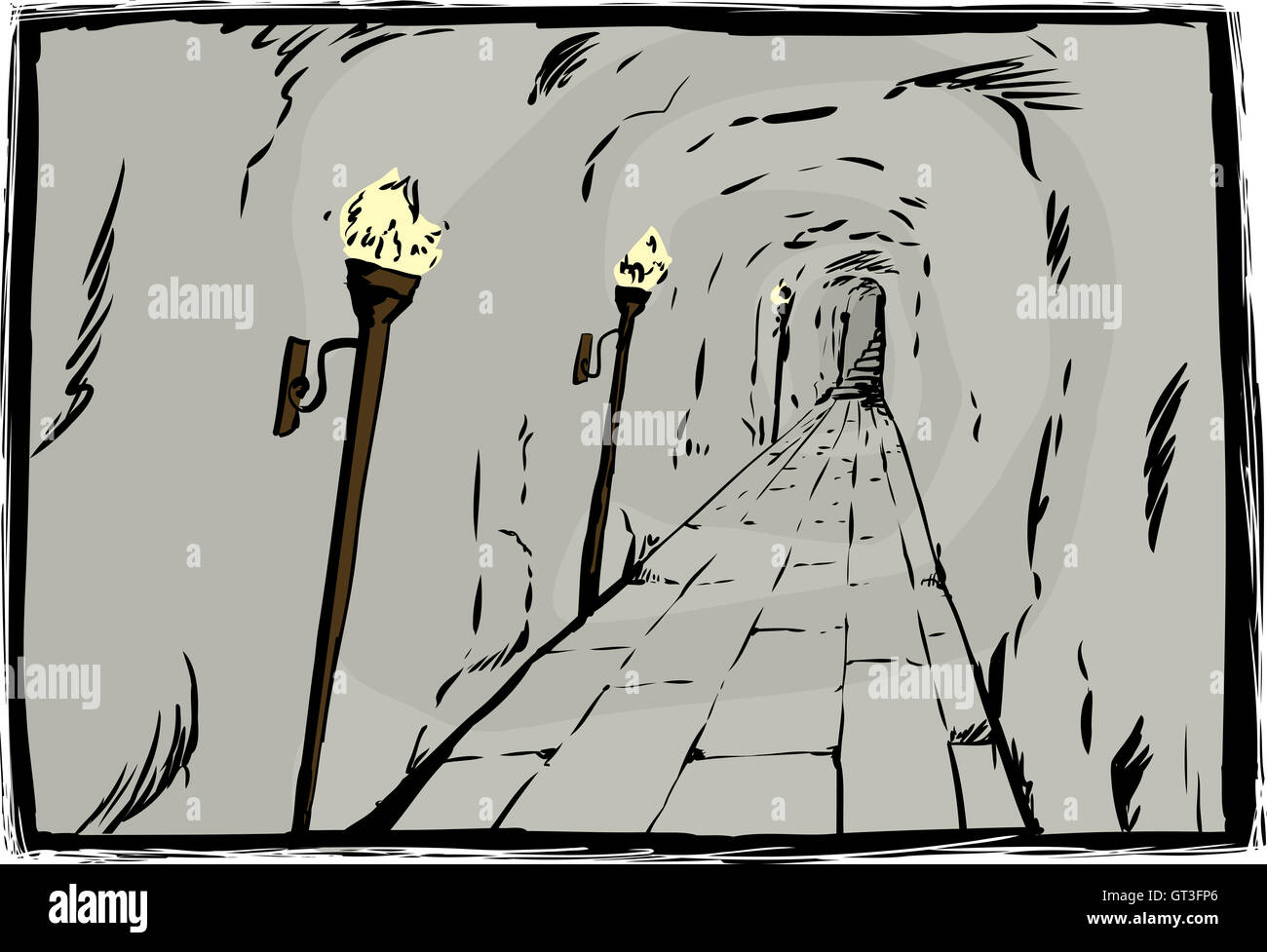 Burning flame torches on wall in deep underground passage Stock Photo