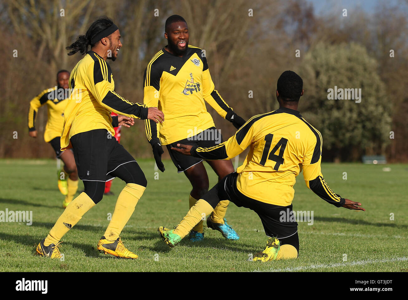 Boroughs United celebrate a goal Angel & Crown (red) vs Boroughs