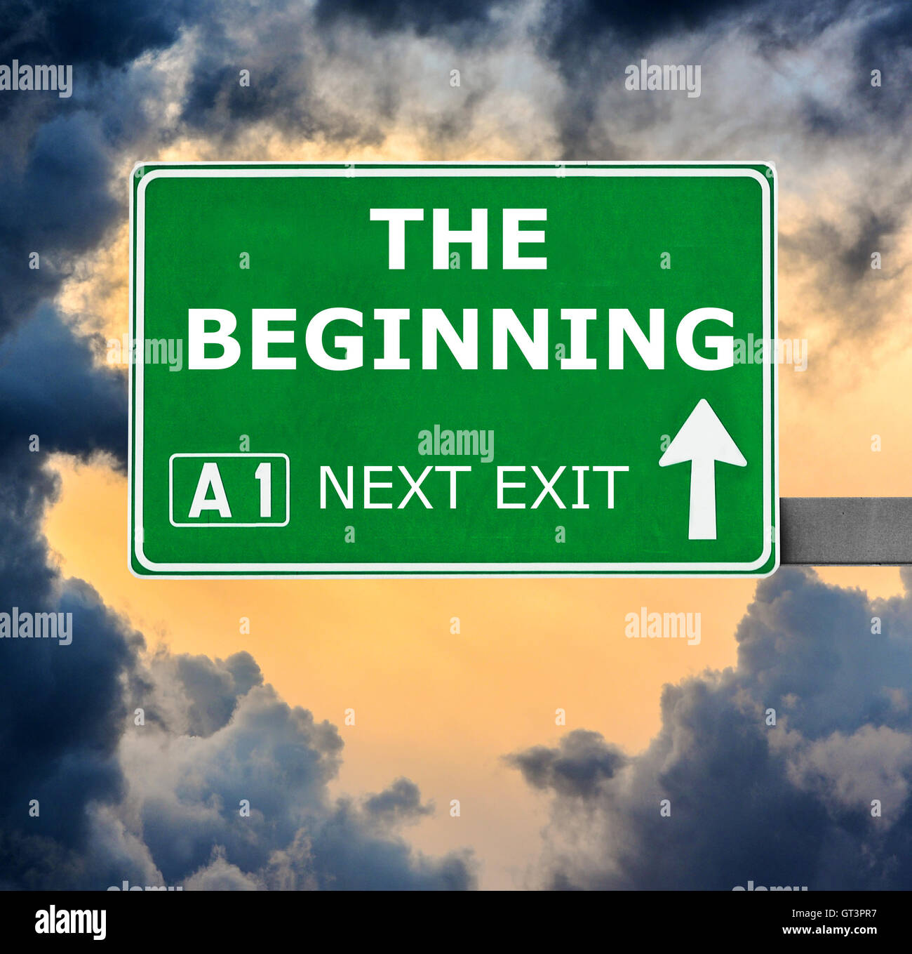 THE BEGINNING road sign against clear blue sky Stock Photo - Alamy