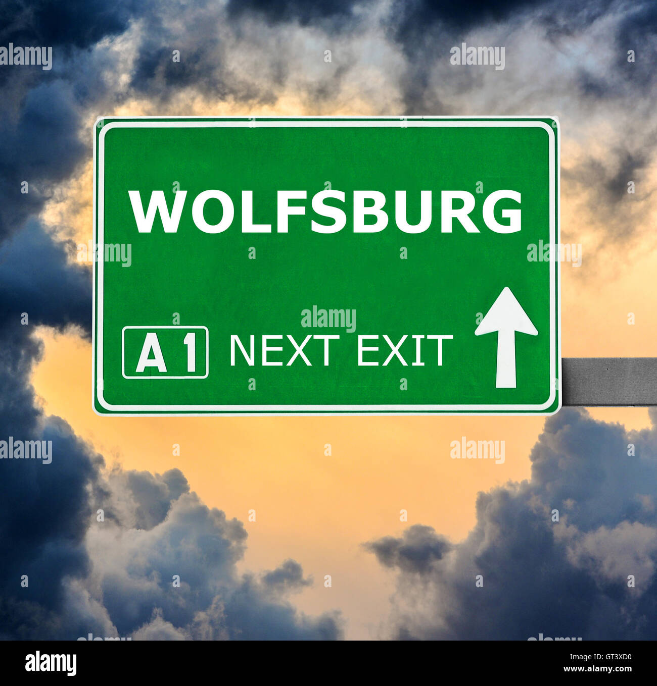 WOLFSBURG road sign against clear blue sky Stock Photo