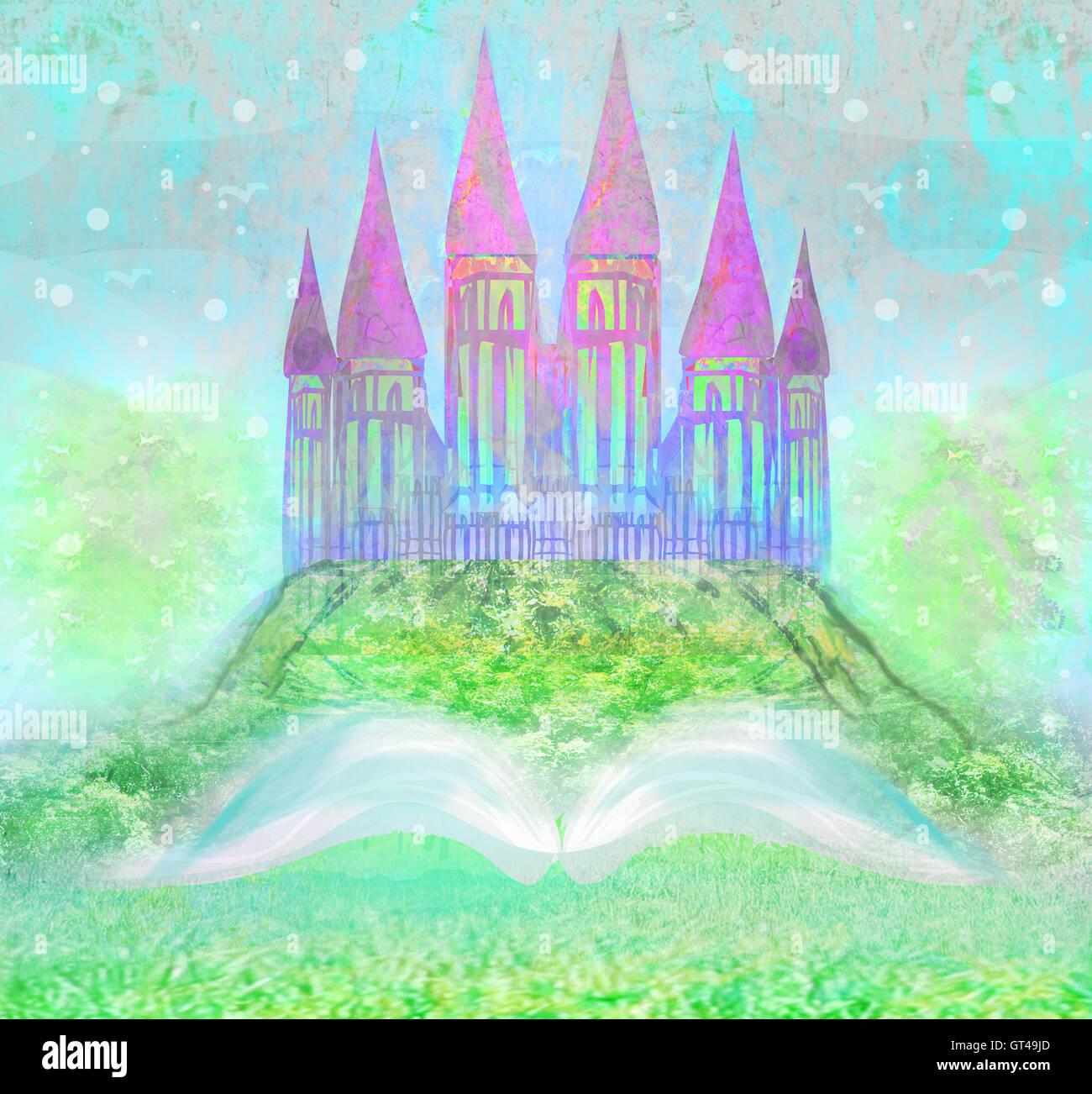 Magic world of tales, fairy castle appearing from the book Stock Photo ...