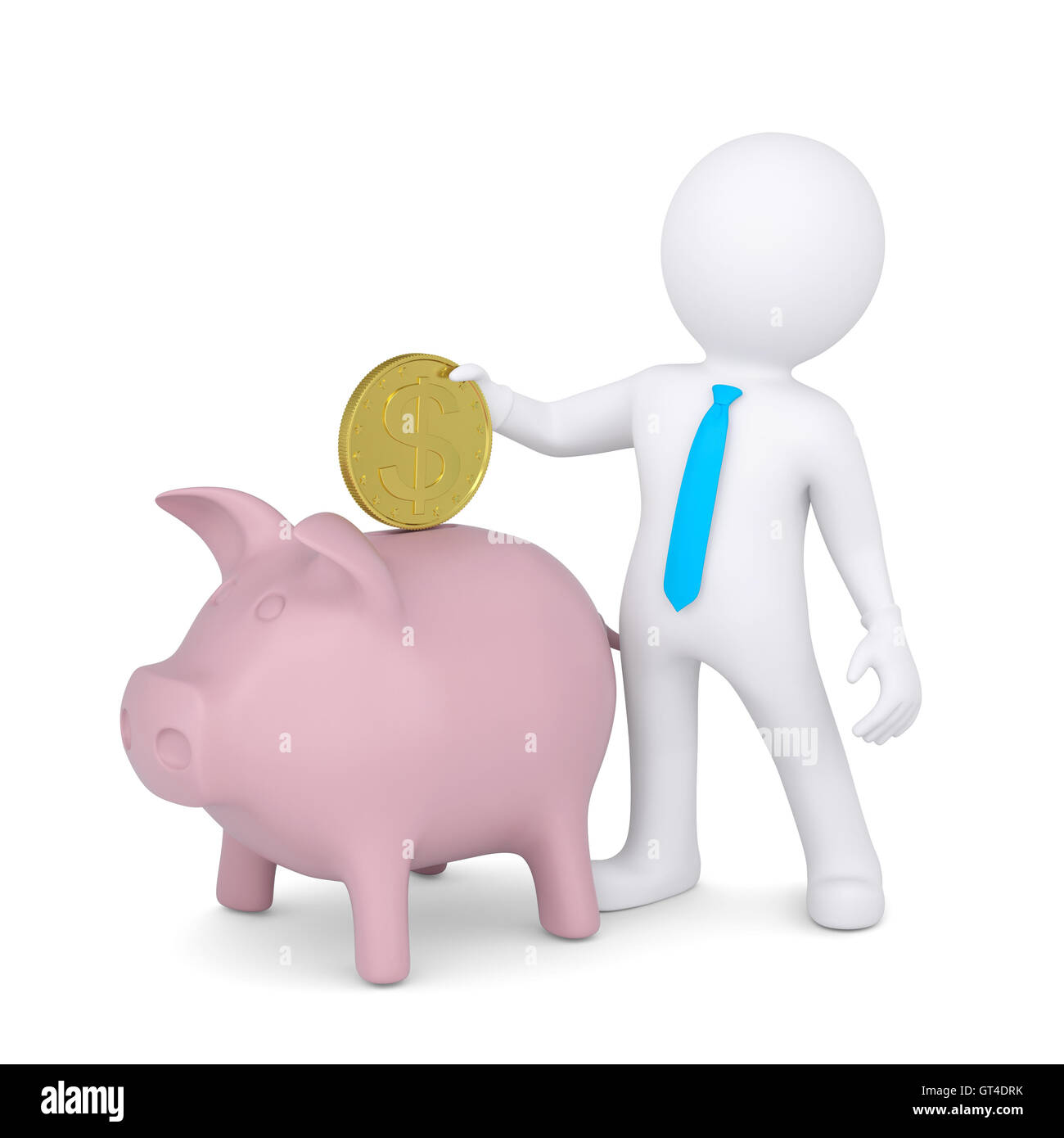 3d white man drops a coin into the piggy bank Stock Photo - Alamy