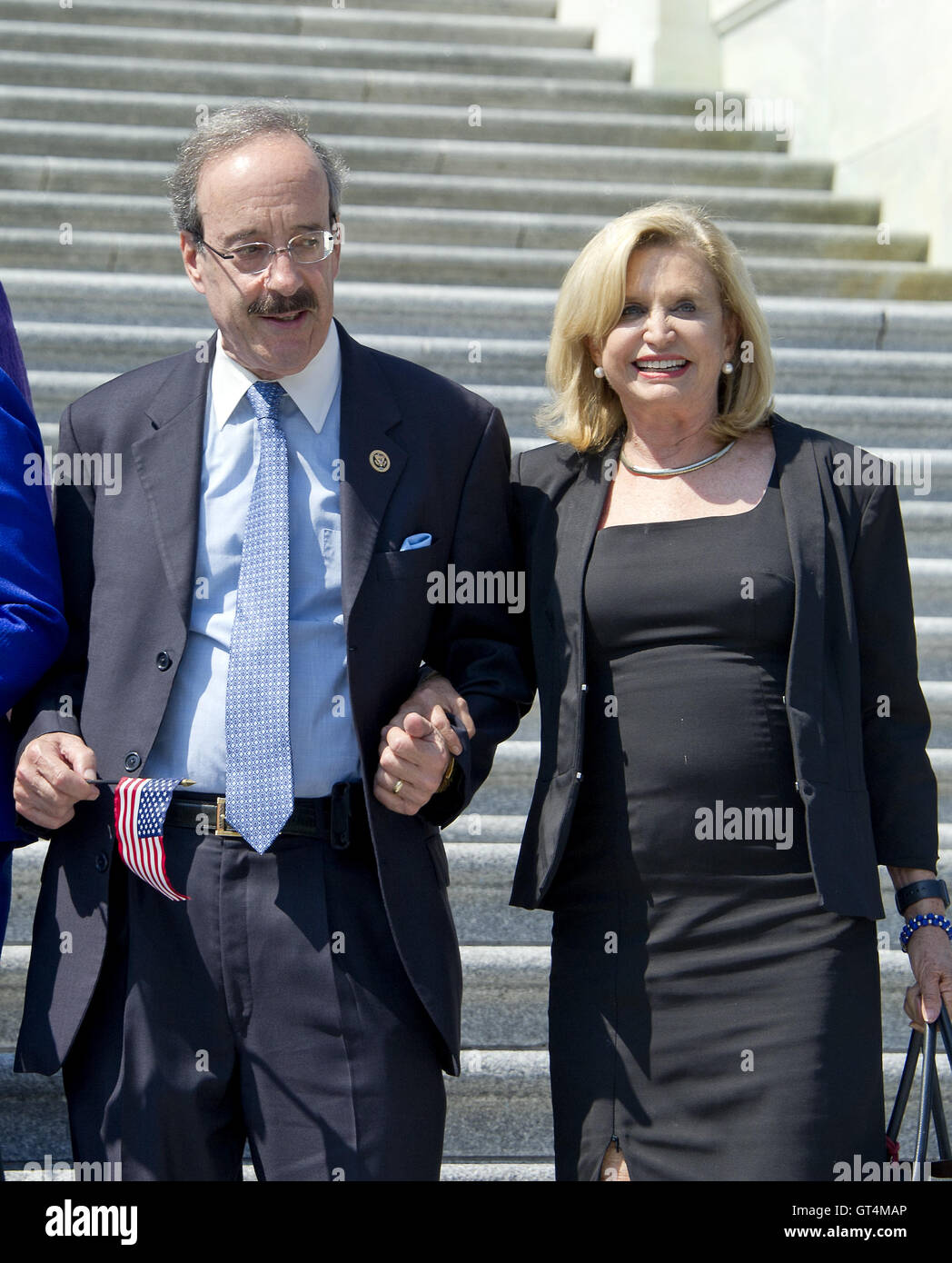 Washington DC, USA. 8th September, 2016. United States Representatives Eliot Engel (Democrat of New York), left, and Carolyn Maloney (Democrat of New York), right, arrive to join other Democratic members of the US House of Representatives and US Senate as they assemble on the East Steps of the US Capitol to call on Republican leadership in both legislative bodies to schedule votes on funding to combat the Zika Virus, to prohibit people on the federal ''no fly'' list from purchasing guns, and to conduct confirmation hearings and schedule a vote on the con Credit:  ZUMA Press, Inc./Alamy Live Ne Stock Photo