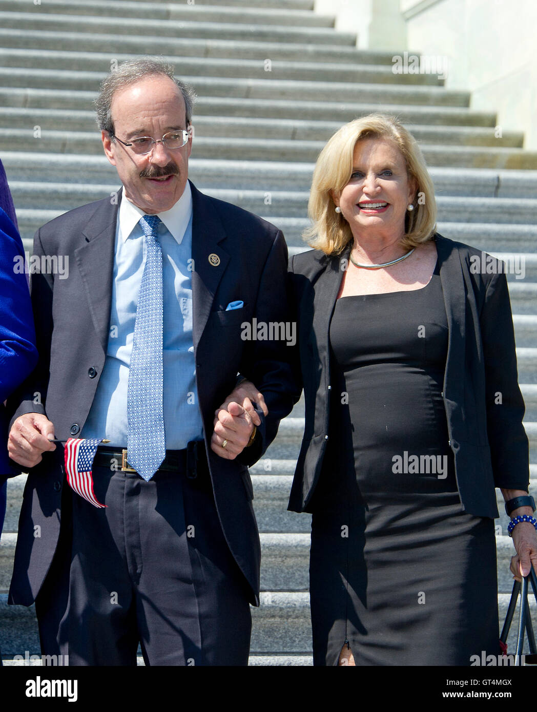 United States Representatives Eliot Engel (Democrat of New York), left, and Carolyn Maloney (Democrat of New York), right, arrive to join other Democratic members of the US House of Representatives and US Senate as they assemble on the East Steps of the US Capitol to call on Republican leadership in both legislative bodies to schedule votes on funding to combat the Zika Virus, to prohibit people on the federal 'no fly' list from purchasing guns, and to conduct confirmation hearings and schedule a vote on the confirmation of Judge Merrick Garland as Associate Justice of the US Supreme Court in  Stock Photo