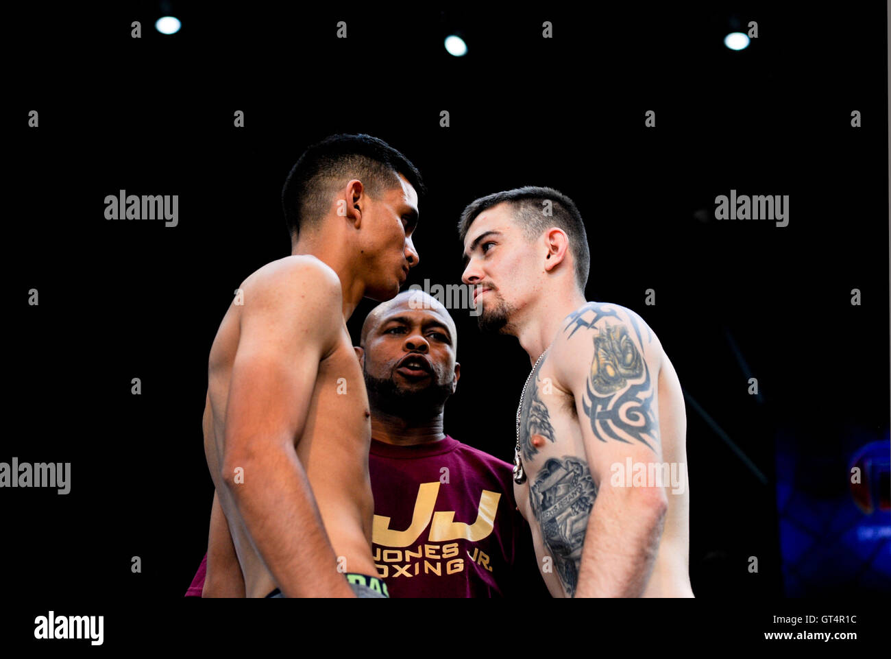 Las Vegas, Nevada September 8, 2016 -  The “Knockout Night at the D” series, presented by the D Las Vegas and DLVEC and is promoted by Roy Jones Jr. On the card, Randy Moreno (3-0), of Las Vegas, faces Gaige Ireland. The boxers facing off at the weigh-in before the fight. Credit:  Ken Howard/Alamy Live News Stock Photo