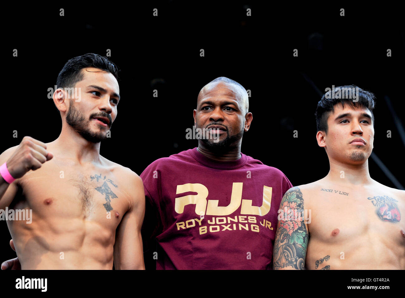 Las Vegas, Nevada September 8, 2016 -  The “Knockout Night at the D” series, presented by the D Las Vegas and DLVEC and is promoted by Roy Jones Jr. The main event pins Emmanuel “Renegade” Robles against Steve “The Dragon” Claggett in a 10-round junior welterweight match up. The boxers facing off at the weigh-in before the fight. Credit:  Ken Howard/Alamy Live News Stock Photo