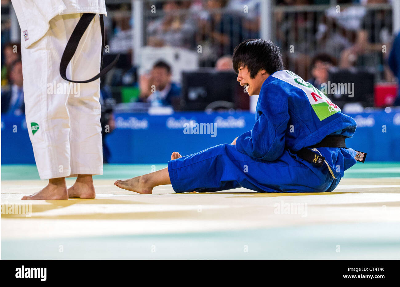 Rio de Janeiro, Brazil. 8th September, 2016. Liqing Li of China reacts after winning the women's -48 kg final of the judo event during the Rio 2016 Paralympic Games, Rio de Janeiro, Brazil, 08 September 2016. Photo: Jens Buettner/dpa Credit:  dpa picture alliance/Alamy Live News Stock Photo
