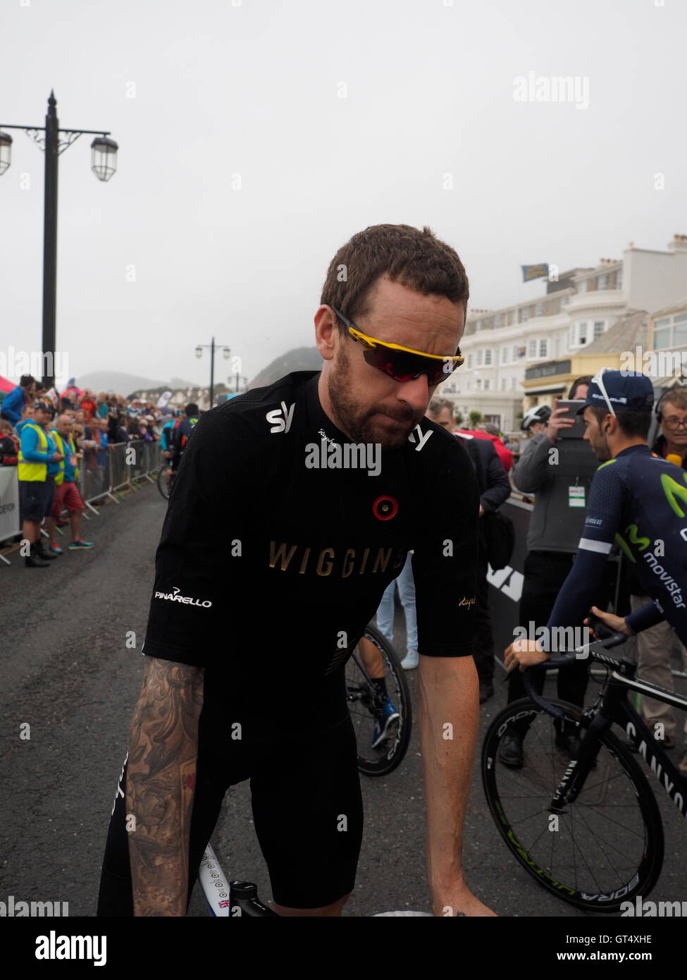Sidmouth, UK. 9th Sep, 2016. Start of the Sidmouth to Haytor stage of the Tour of Britain Sir Bradley Wiggins arrives at the start line Credit:  Anthony Collins/Alamy Live News Stock Photo
