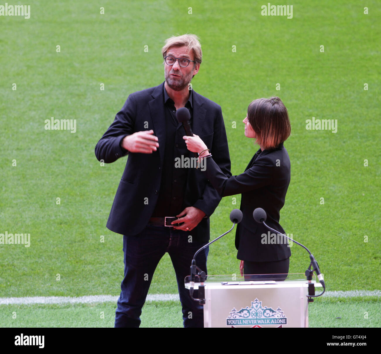 Anfield, Liverpool, UK. 09th Sep, 2016. Official Opening of Anfield's Main Stand. LFC TV presenter Claire Rourke interviews Liverpool FC manager Jurgen Klopp at this morning's official ceremony to mark the opening of the new Main Stand extension at Anfield. Liverpool play their first home match of the season versus Leicester City tomorrow, when the additional seating provided by the new stand will raise Anfield's capacity to 54,074. Credit:  Action Plus Sports/Alamy Live News Stock Photo