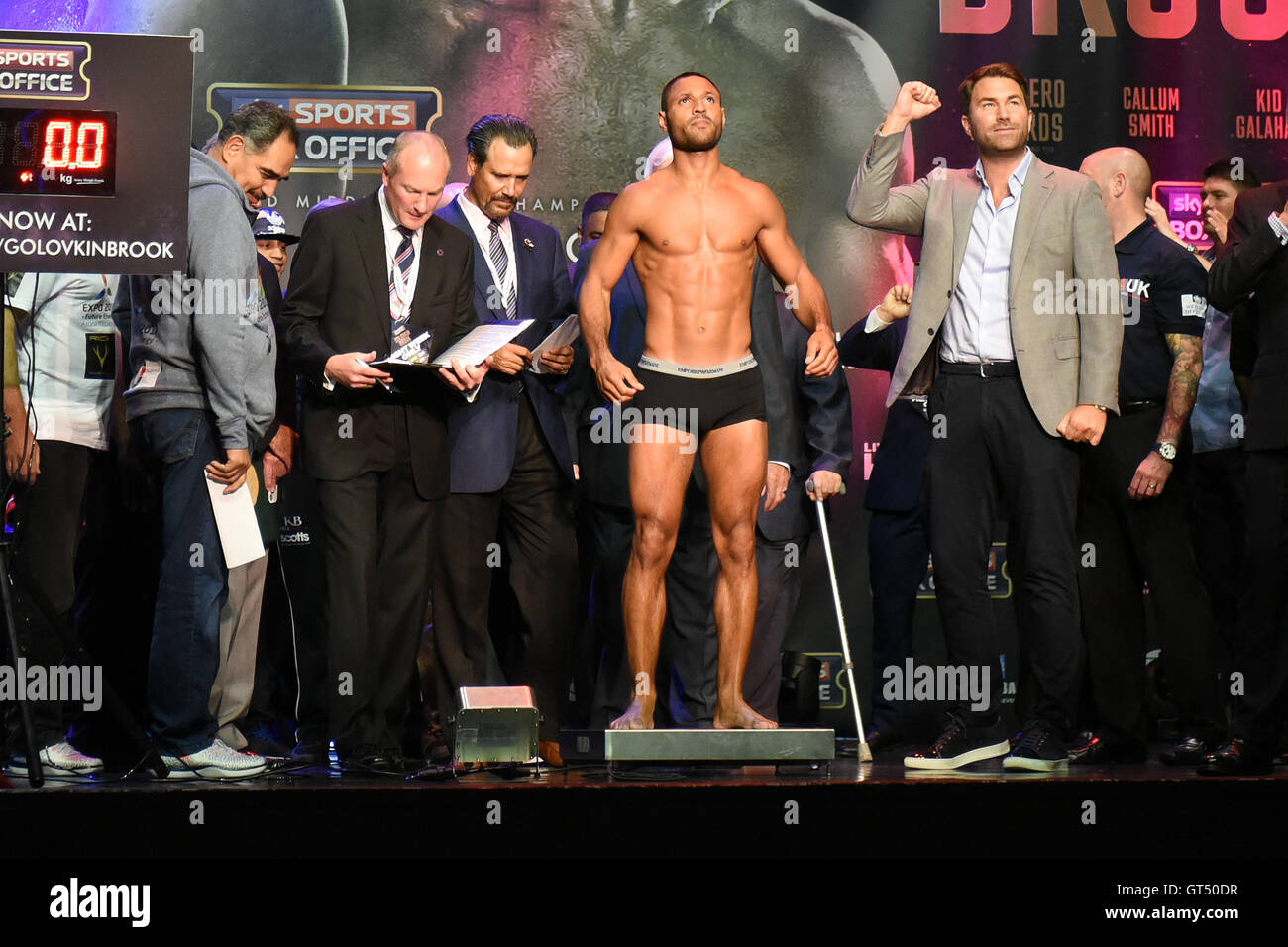 Greenwich Peninsula, UK. 09th Sep, 2016. Boxer Kell Brook on the scales during a Weigh-In at the O2 Arena on 9th September 2016 Credit:  TGSPHOTO/Alamy Live News Stock Photo