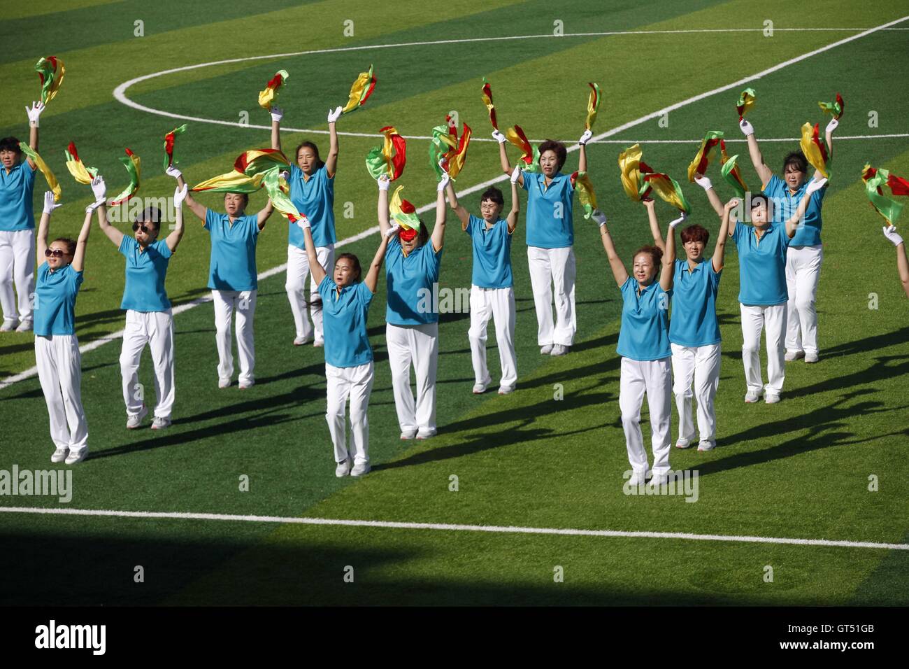 Heihe, Heihe, China. 9th Sep, 2016. Heihe, CHINA-?August 27 2016:?(EDITORIAL?USE?ONLY.?CHINA?OUT).A special cheering squad of middle-aged women perform square dance at the opening ceremony of a Sino-Russian football match in Heihe, northeast ChinaÂ¡Â¯s Heilongjiang Province. Both Chinese and Russian football players are impressed by the square dance. © SIPA Asia/ZUMA Wire/Alamy Live News Stock Photo