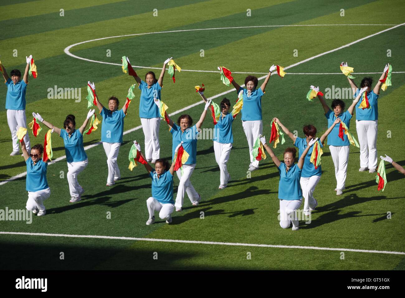 Heihe, Heihe, China. 9th Sep, 2016. Heihe, CHINA-?August 27 2016:?(EDITORIAL?USE?ONLY.?CHINA?OUT).A special cheering squad of middle-aged women perform square dance at the opening ceremony of a Sino-Russian football match in Heihe, northeast ChinaÂ¡Â¯s Heilongjiang Province. Both Chinese and Russian football players are impressed by the square dance. © SIPA Asia/ZUMA Wire/Alamy Live News Stock Photo