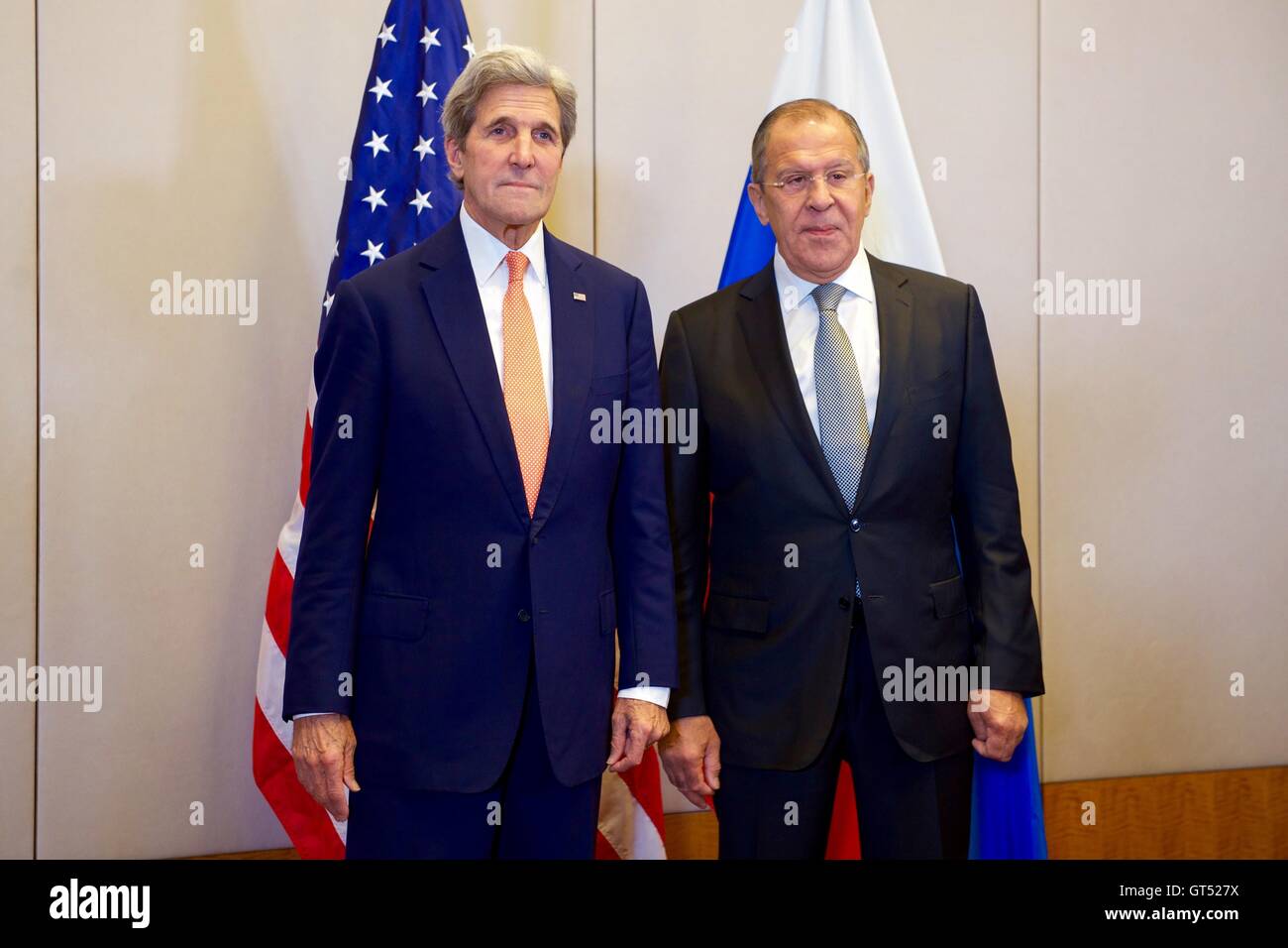 U.S Secretary of State John Kerry and Russian Foreign Minister Sergey Lavrov speak to the media prior to a bilateral meeting focused on the Syrian civil war at the Hotel President Wilson September 9, 2016 in Geneva, Switzerland. Stock Photo