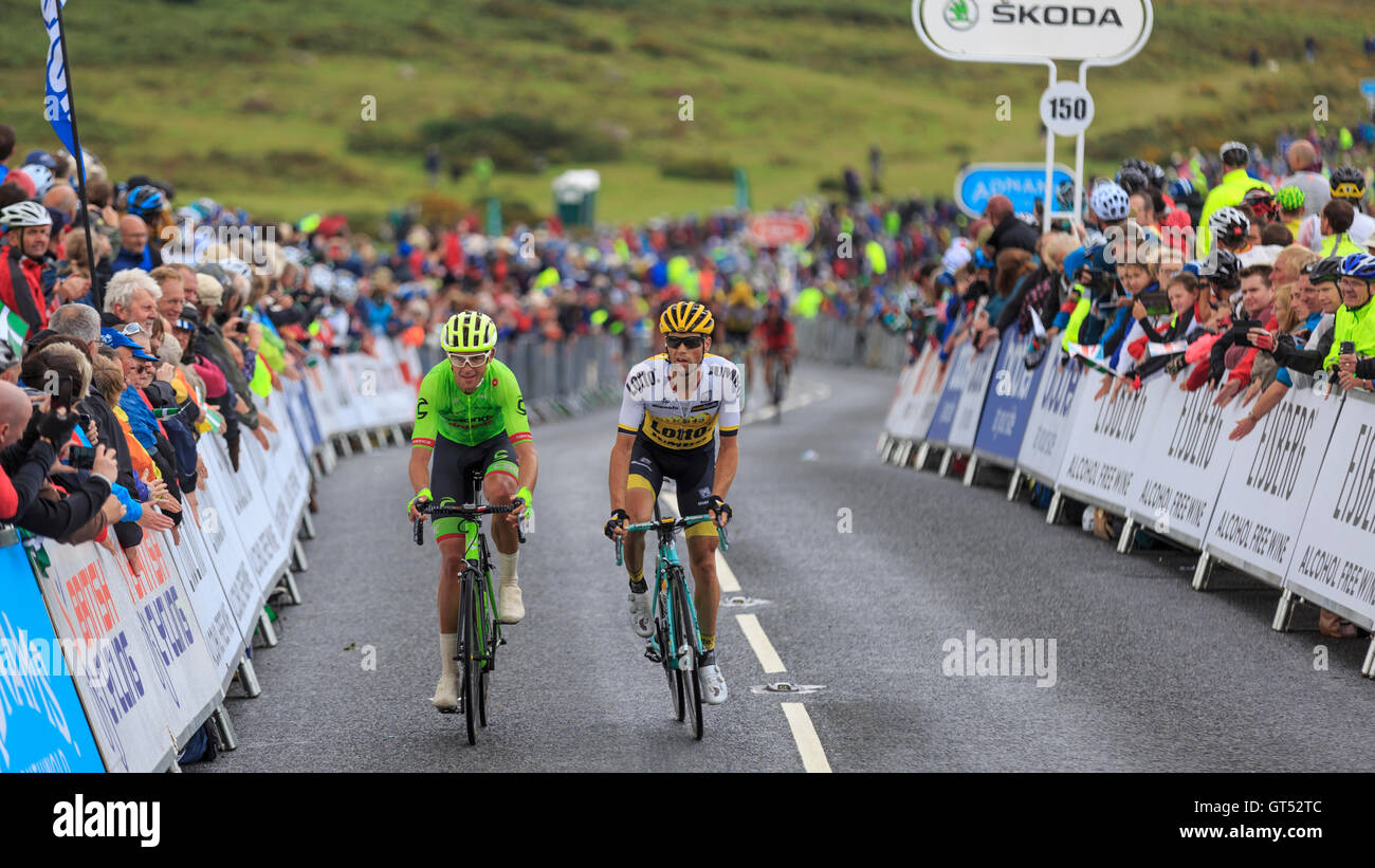 Haytor, Dartmoor, Devon, UK. 09th Sep, 2016. Tour of Britain 2016: Stage 6 - Sidmouth to Haytor. Jack Bauer (Cannondale Drapac) and Paul Martens (Team Lotto NL Jumbo) climb up the final climb of Haytor on Stage 6 of the Tour of Britain. Credit:  Clive Jones/Alamy Live News Stock Photo
