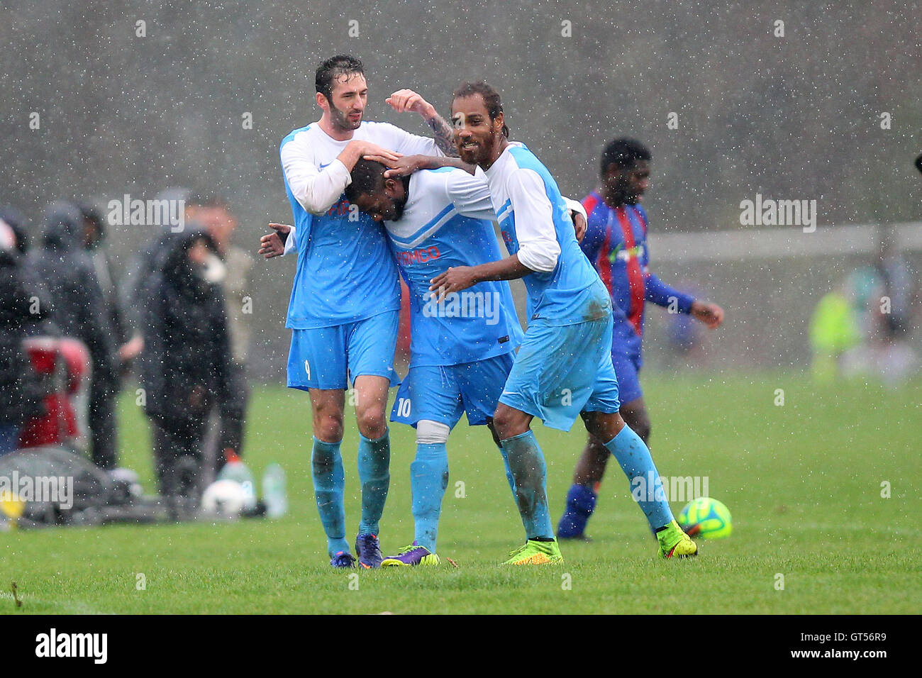 Clapton celebrate their first goal - Clapton Rangers (blue/white) vs FC ...