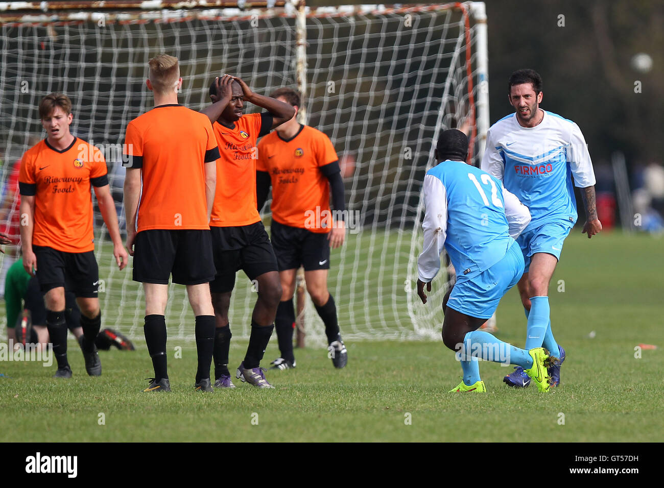 Clapton Rangers celebrate their third goal - Clapton Rangers (blue ...