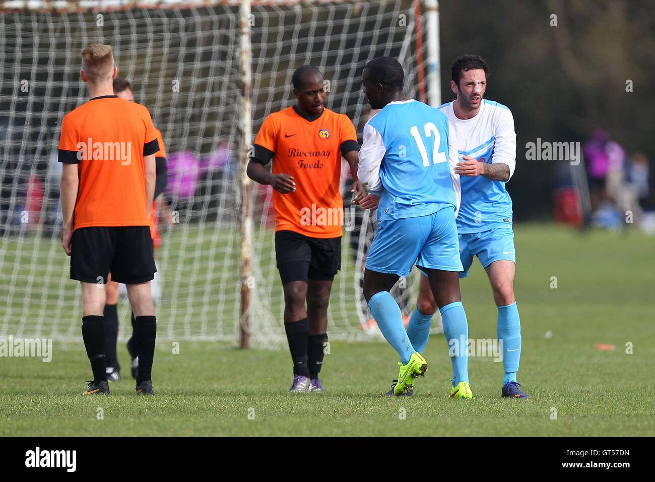 Clapton Rangers celebrate their third goal - Clapton Rangers (blue ...