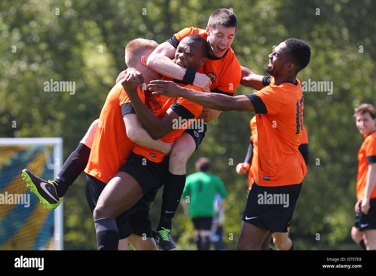 Mustard score their third goal and celebrate - Clapton Rangers (blue ...