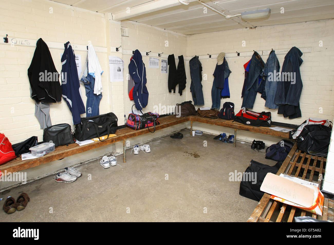 General view of the referee's dressing room prior to Hackney & Leyton League matches - The dressing room block at East Marsh, Ha Stock Photo