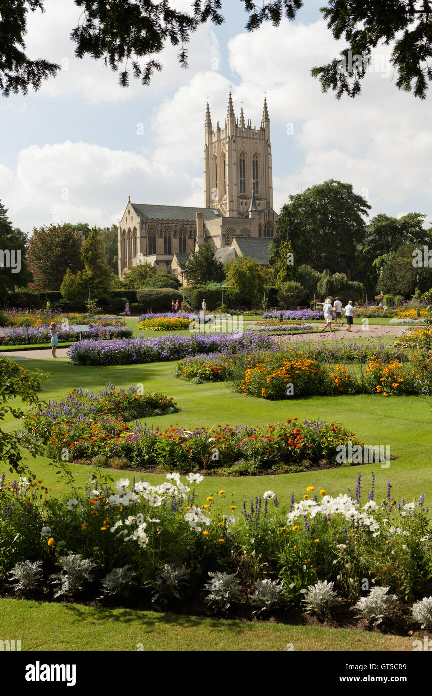 Flower beds in the  Abbey Gardens Bury St Edmunds with St Saint Edmundsbury Cathedral beyond. Unsharpened Stock Photo