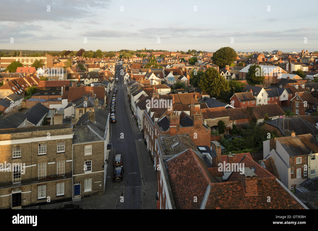 Aerial view of Churchgate Street, Bury St Edmunds looking west from Norman Tower in early