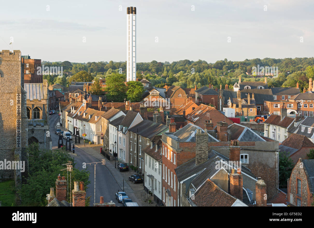 Aerial view of Bury St Edmunds looking south from Norman Tower with Greene King Brewery chimney in urban landscape. Unsharpened Stock Photo