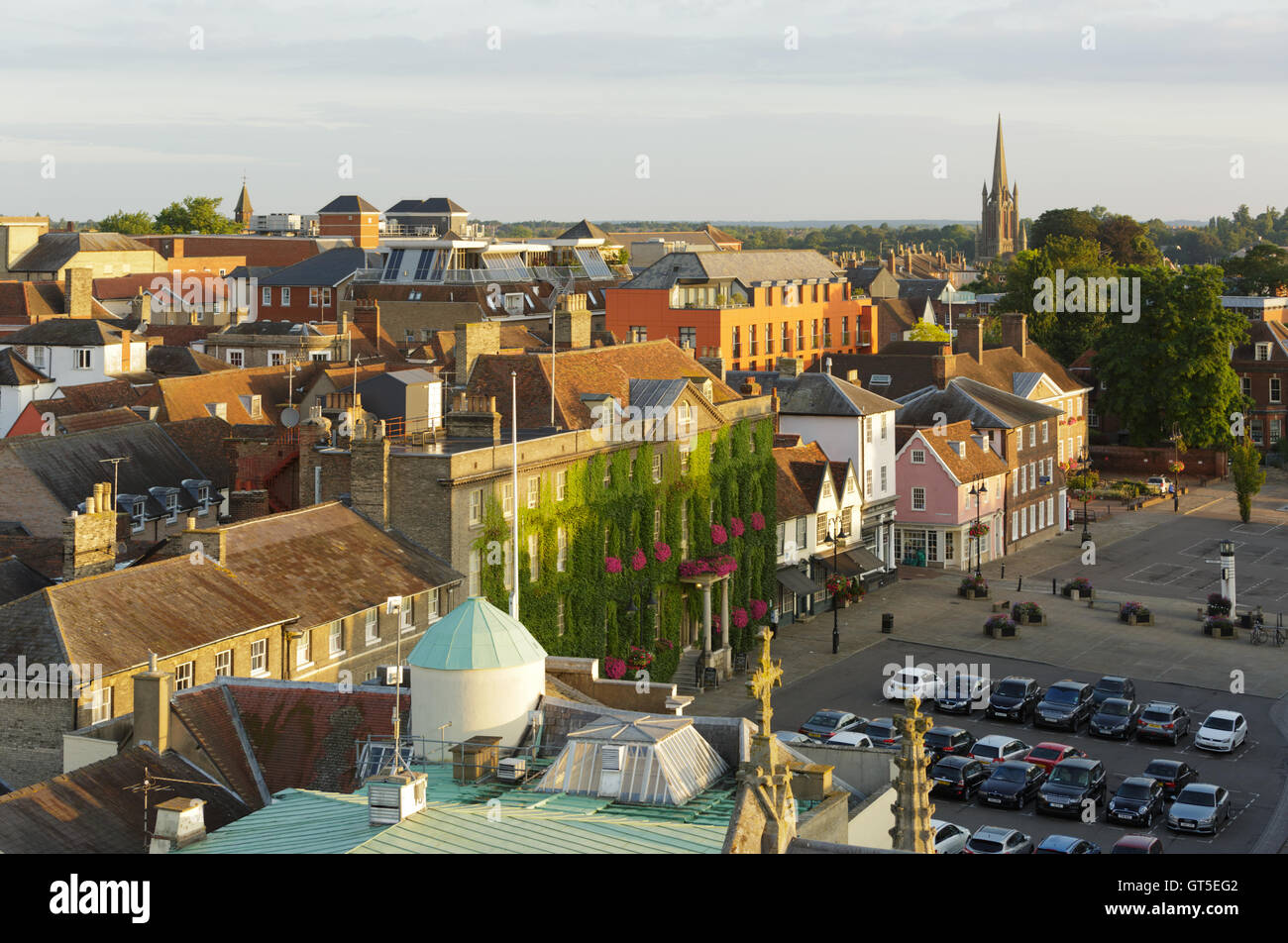Views of Angel Hotel and Angel Hill Bury St Edmunds in early morning