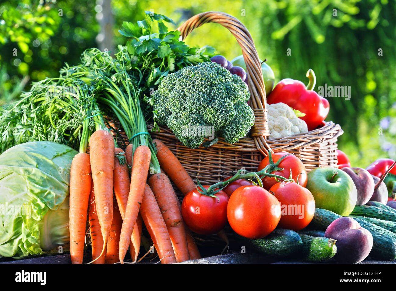 Variety of fresh organic vegetables and fruits in the garden. Balanced ...