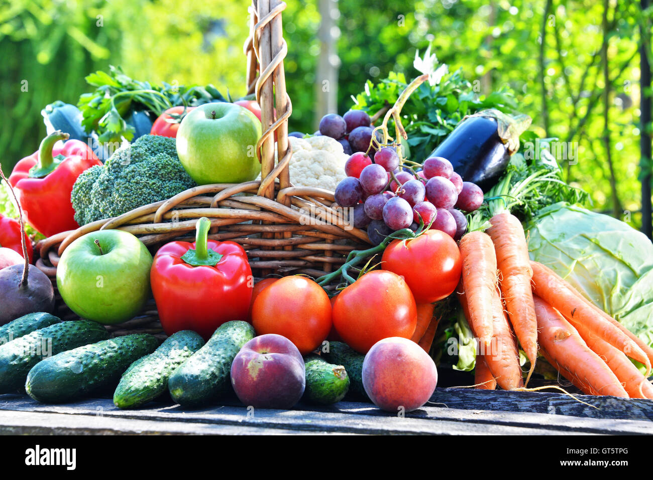 Variety of fresh organic vegetables and fruits in the garden. Balanced ...