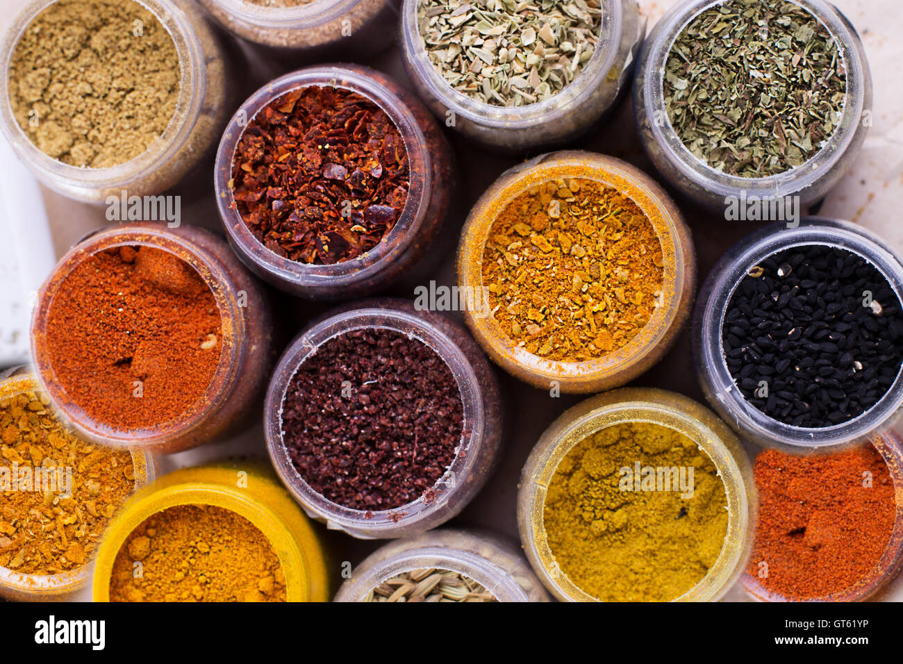 Assorted spices in containers Stock Photo Alamy