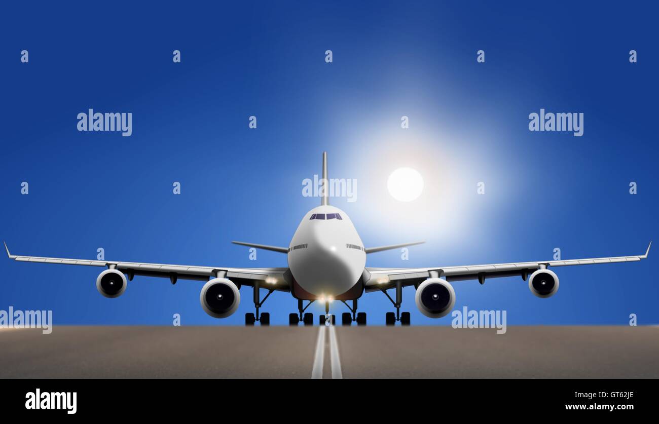 Air plane on runway with bright sun and blue sky Stock Photo - Alamy