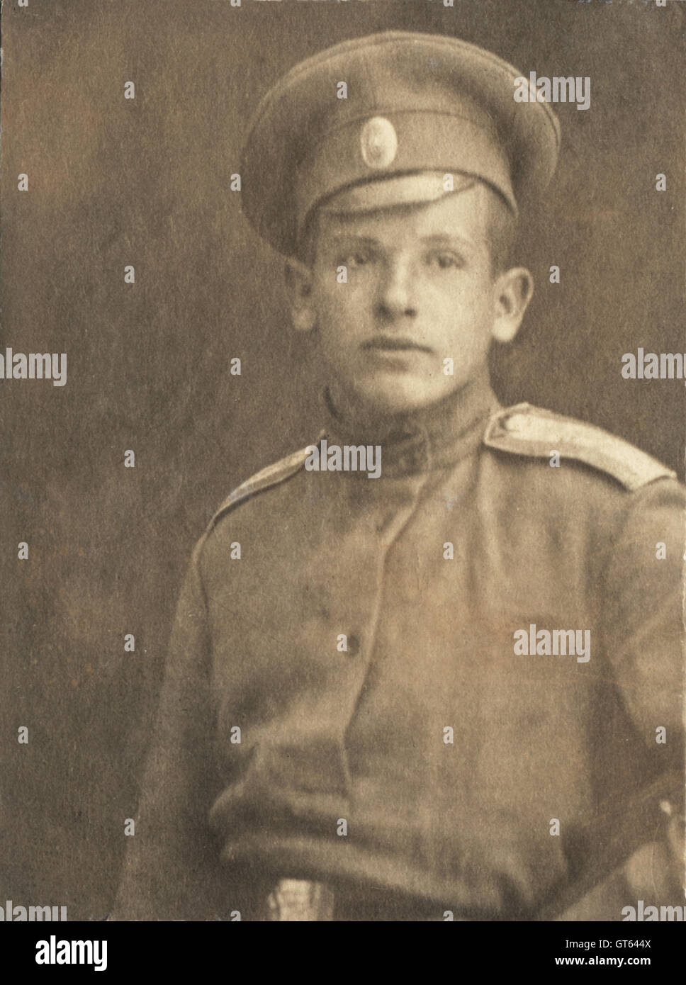 Vintage portrait of the young man in the military uniform at the beginning of the twentieth century, Russia Stock Photo